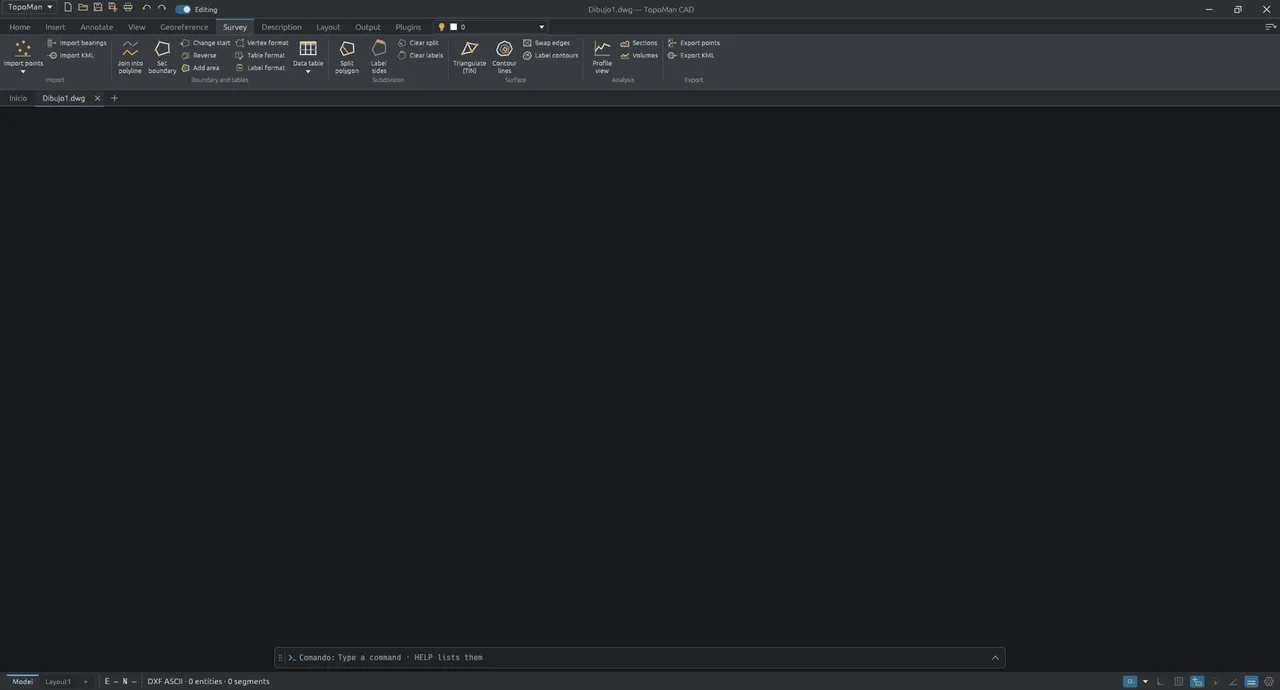 The Surveying tab in the ribbon, with point import, tables, subdivision, contour lines and profiles