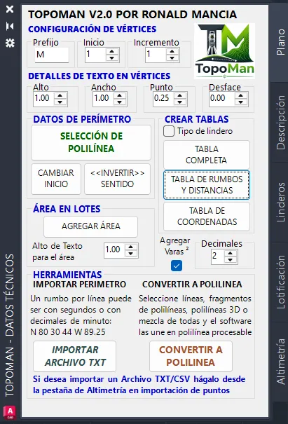 Pestaña Plano de la paleta TopoMan dentro de AutoCAD